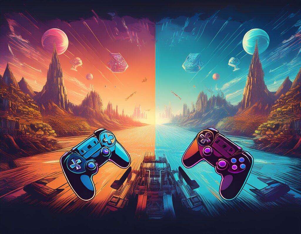 Comparison of digital collectibles and traditional games illustrating the shift in gaming towards NFT (Non-Fungible Token) technology, showcasing the evolution of player engagement and ownership in the gaming industry.